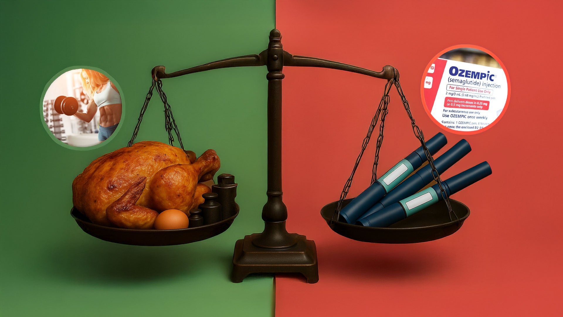 Woman holding weight scale and dumbbell