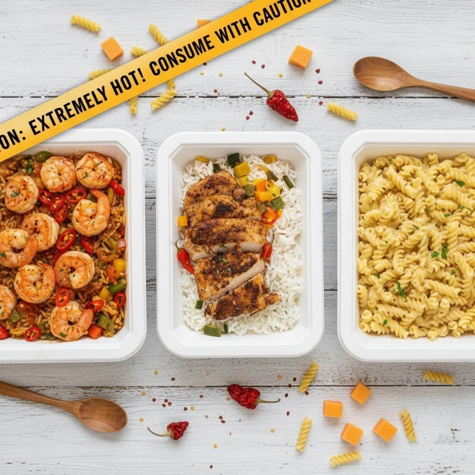 Overhead of spicy, high-protein meals from ICON Meals