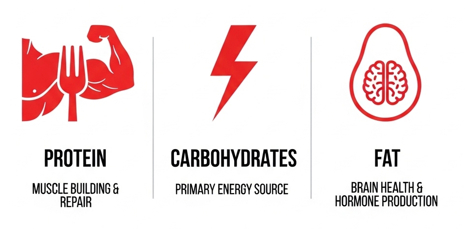 Infographic explaining the three macronutrients: protein, carbs, and fats